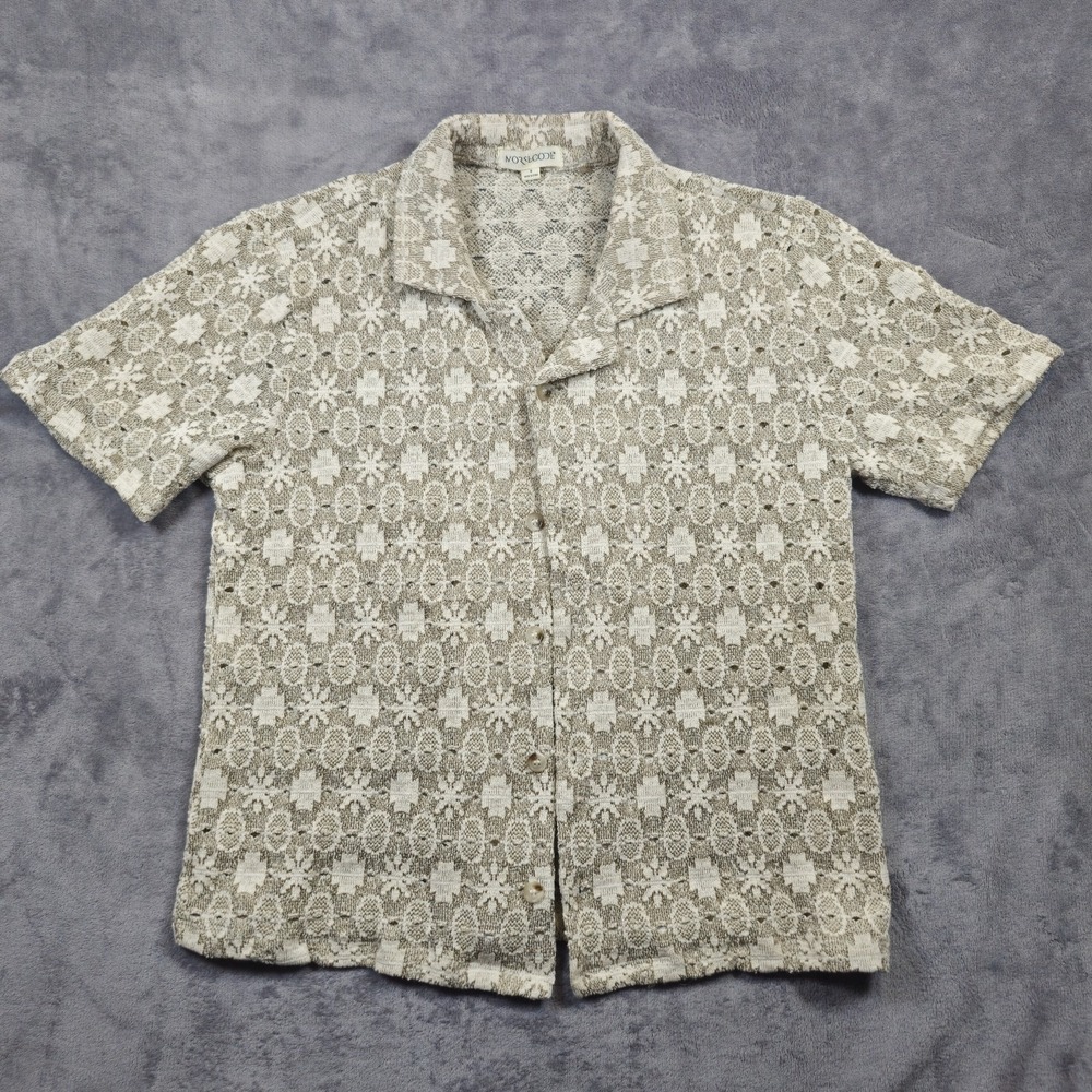 Morse Code Mens Knit Crochet Button Up Short Sleeve Polo Size Medium Beige New